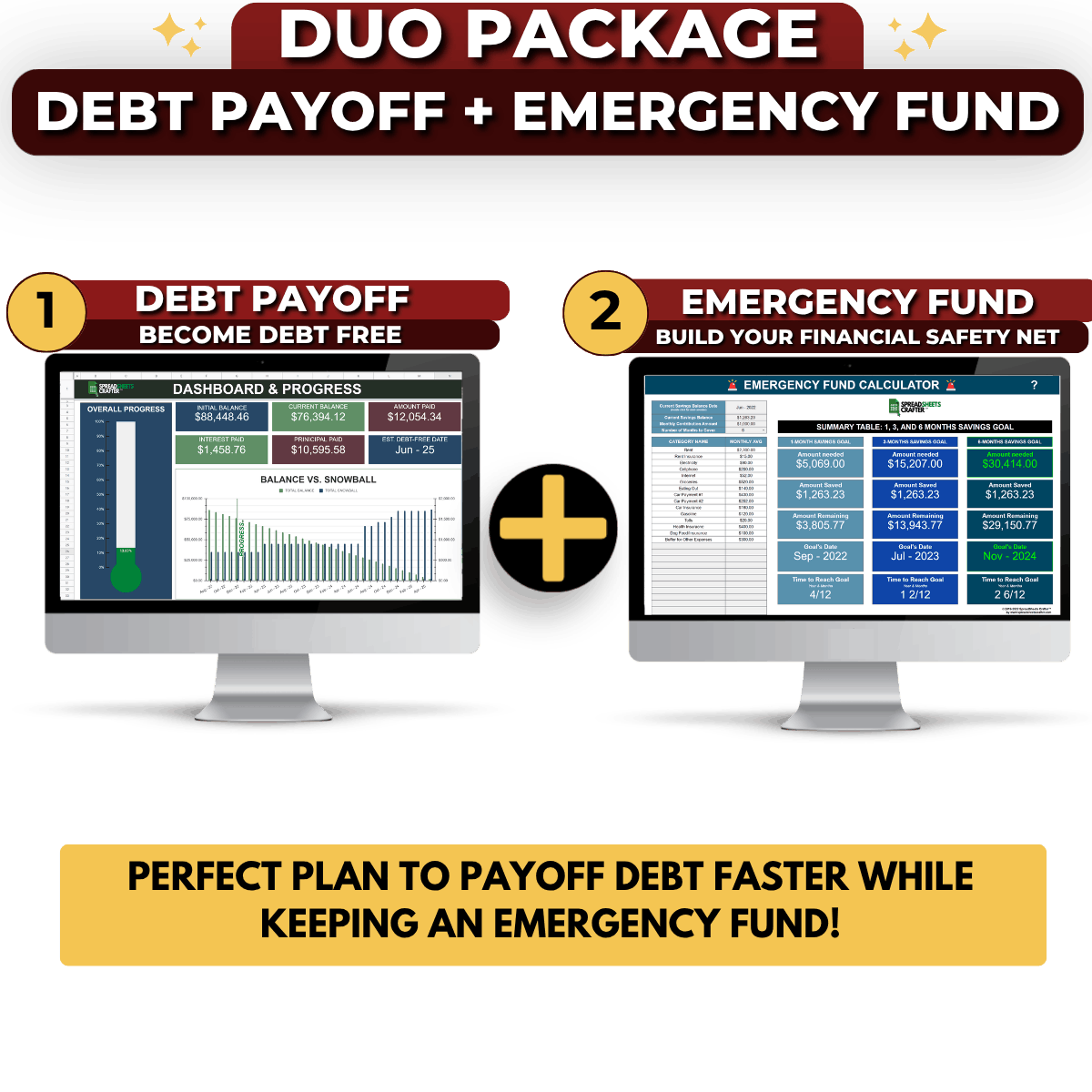 Bundle: Debt Payoff + Emergency Fund Calculator - Payoff Debt Faster - Spreadsheets Crafter - Excel and Google Sheets