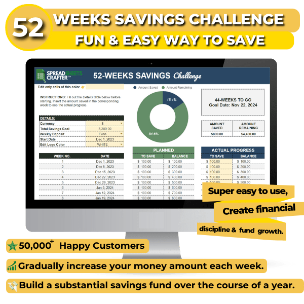 52 Week Savings Challenge - Spreadsheets Crafter - Excel and Google Sheets