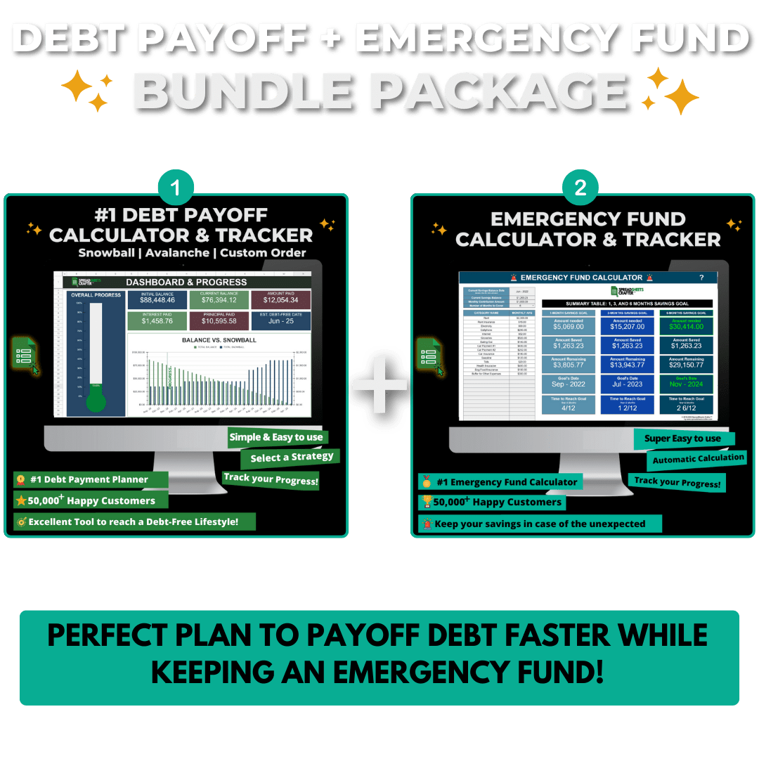 1 Bundle: Debt Payoff + Emergency Fund Calculator - Perfect Plan to Payoff Debt Faster with an Emergency Fund - Spreadsheets Crafter - Excel and Google Sheets