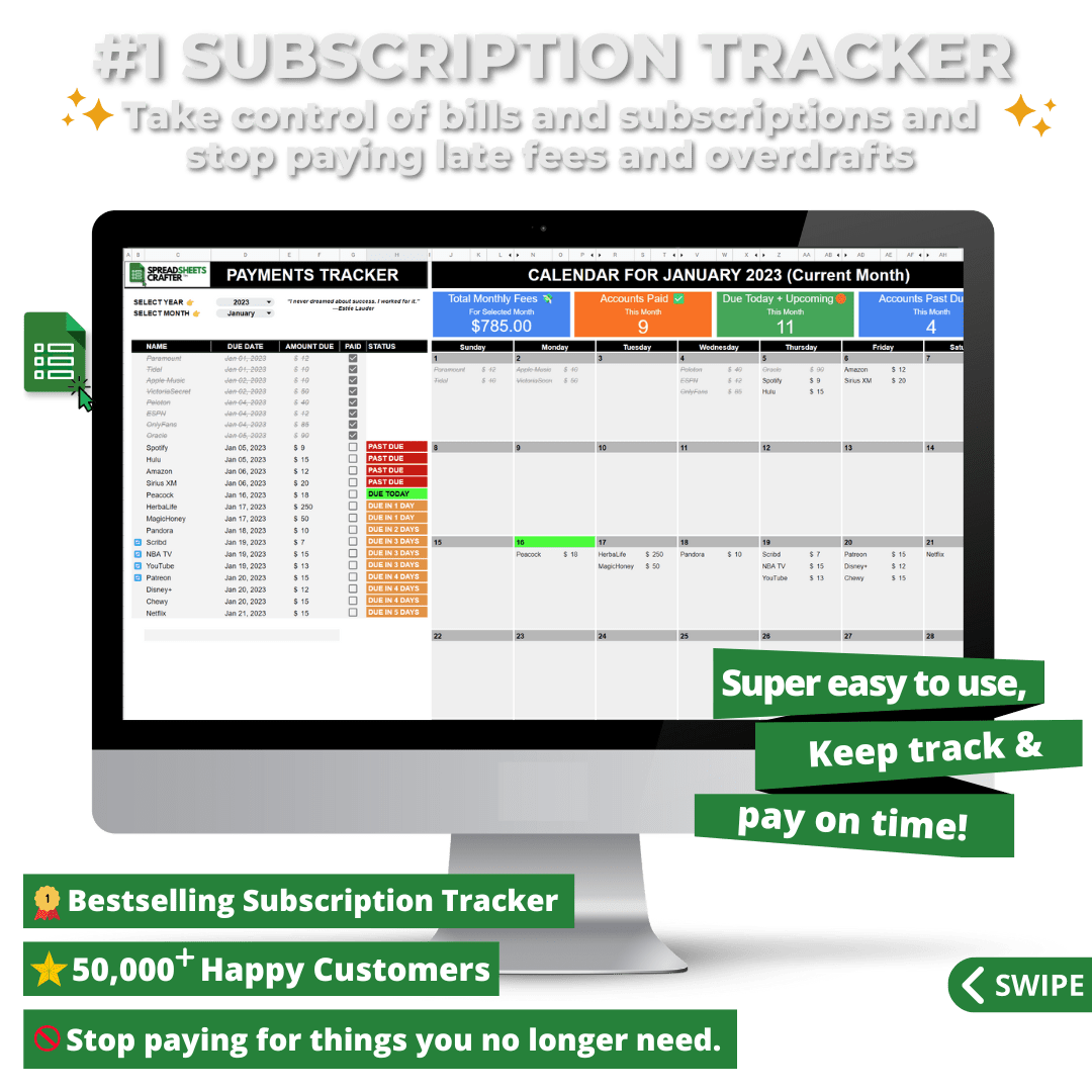 2026 Subscriptions Tracker (Valued at $74.95USD) - Spreadsheets Crafter - Excel and Google Sheets